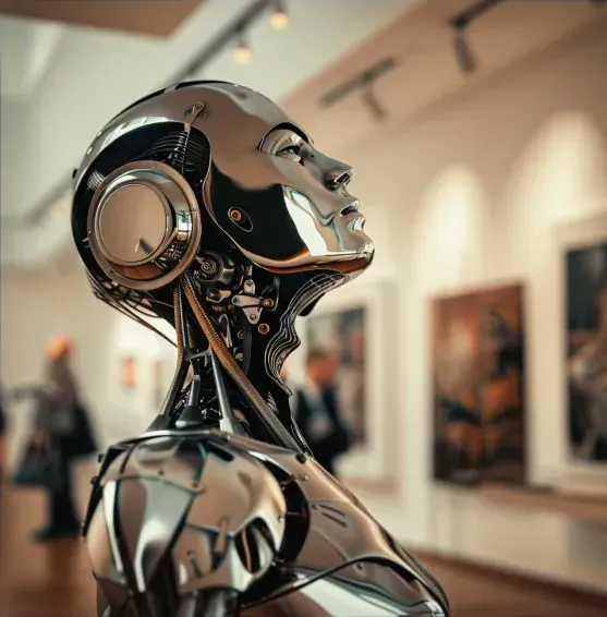 Kopf eines Cyborgs im Museum, KI generiert