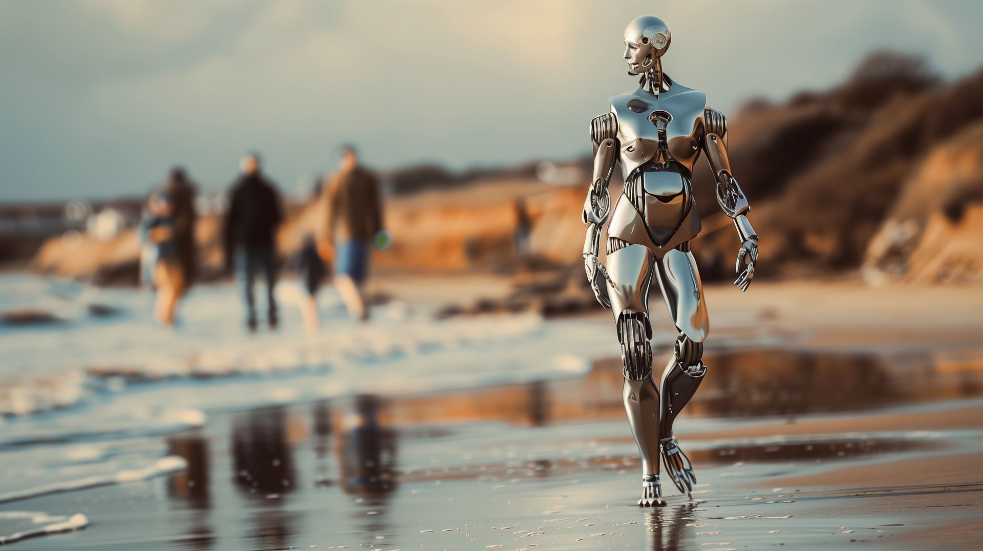 Cyborg und Roboter am Strand, KI generiert