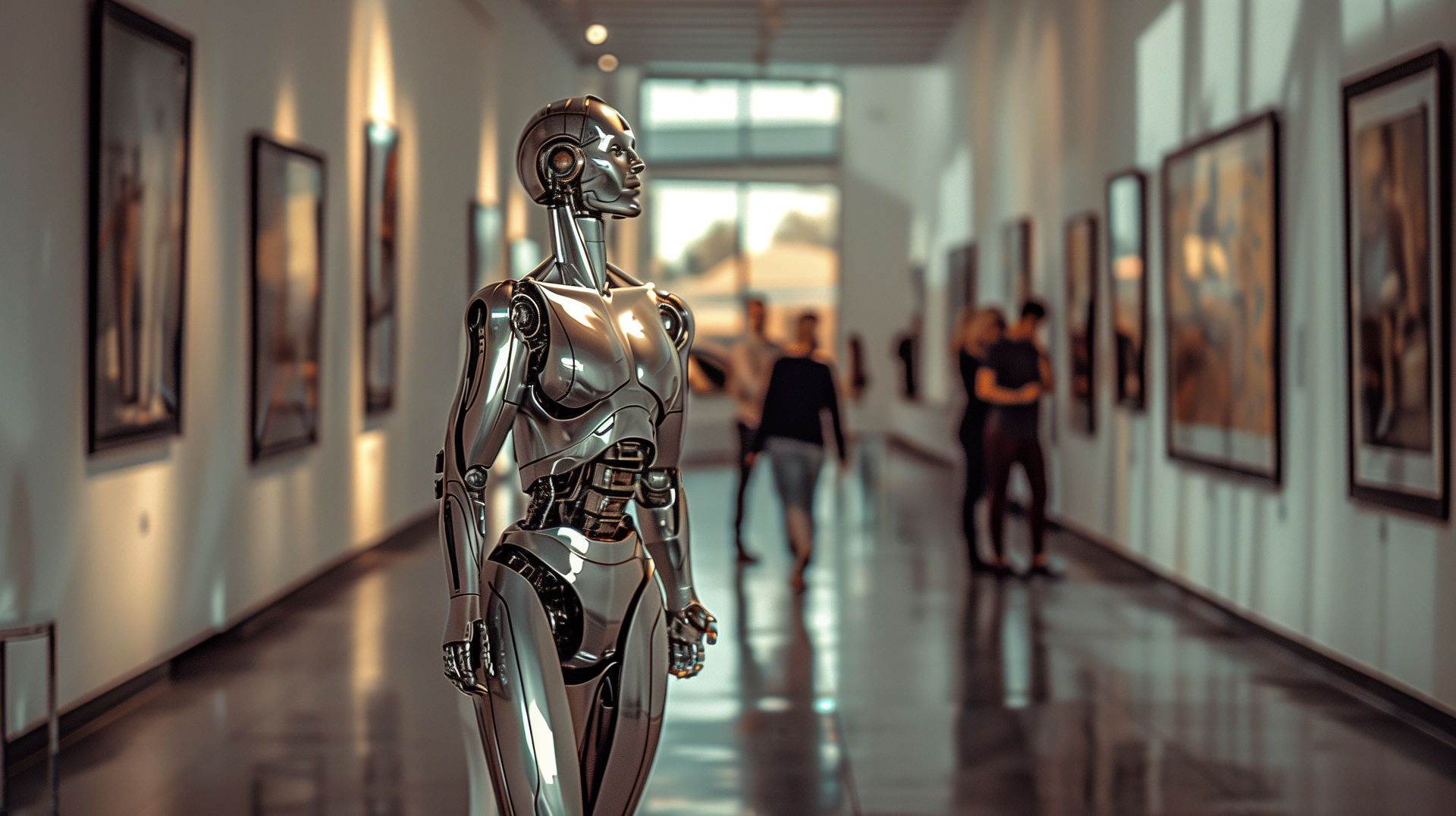 Roboter und Cyborg im Museum, KI generiert