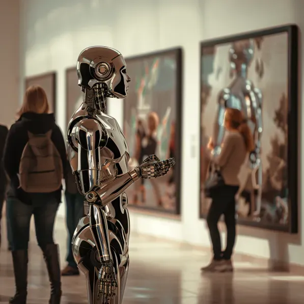 Kopf eines Cyborgs im Museum, KI generiert