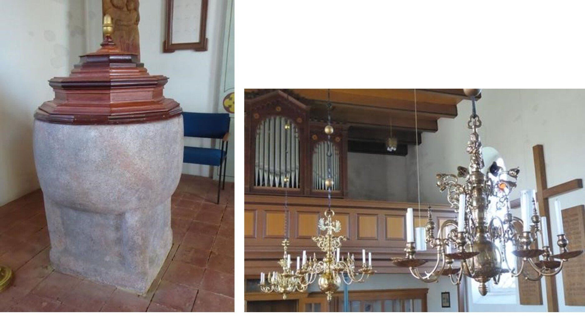 Taufstein und Kronleuchter in der Kirche Fulkum