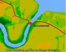 Erste Deichlinie mit Siel im Mittelalter. Deiche hat man seit dem 12. Jahrhundert hier gebaut.