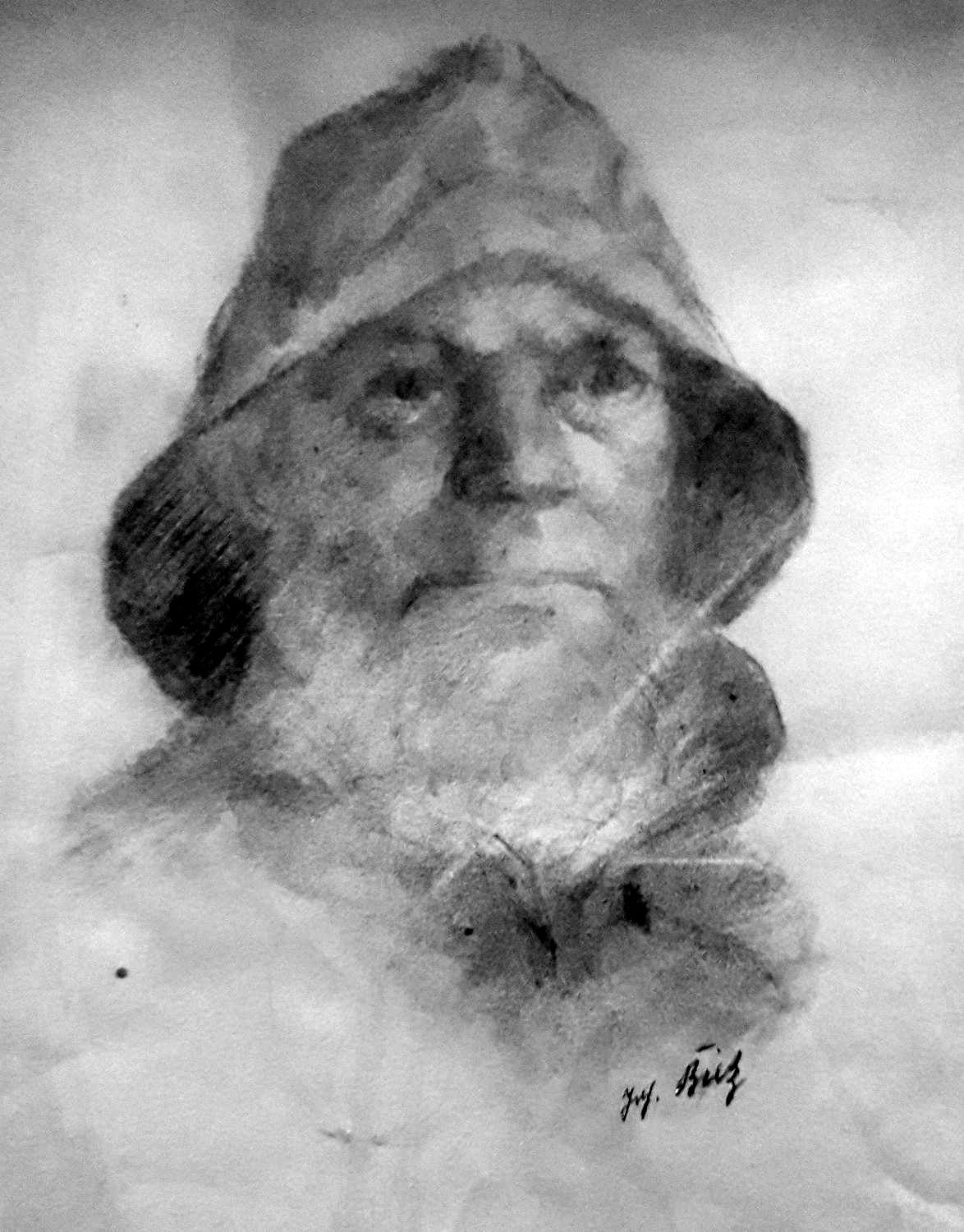 Maler Johannes Bietz. Kohlezeichnung: Portrait eines Fischers