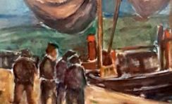 Gemälde von dem Dornumer Maler Georg Kittel, Hafen Westeraccumersiel mit Fischkutter