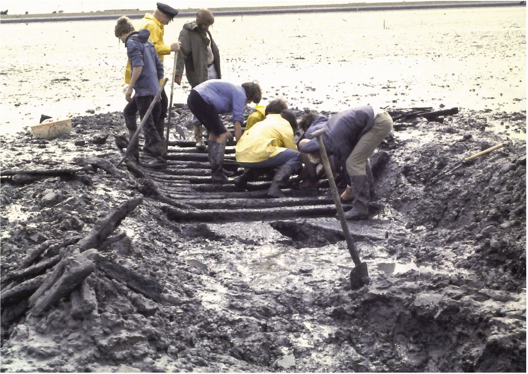 Abb. 3  
Freilegung des 
Wracks eines Plattbodenschiffes bei Ostbense durch Freiwillige.