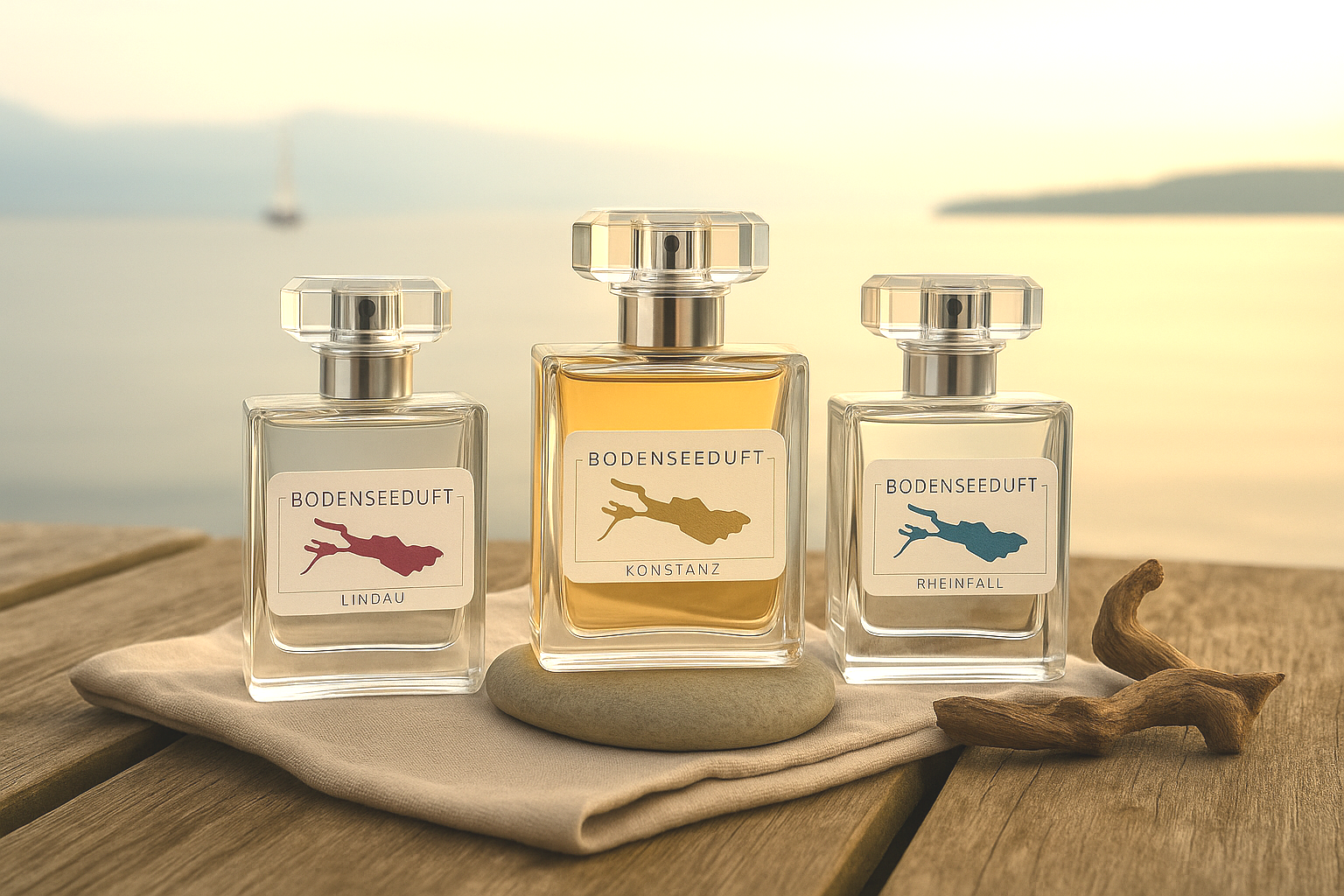 Bodensee-Parfums mit Blick auf den Bodensee und vorbei schwebendem Zeppelin