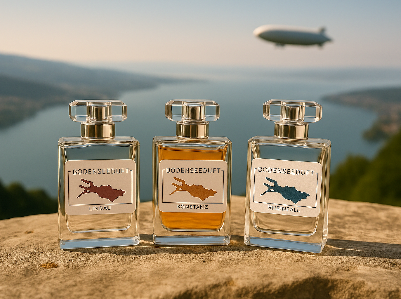 Bodensee-Parfums mit Blick auf Bodensee und vorbei schwebendem Zeppelin