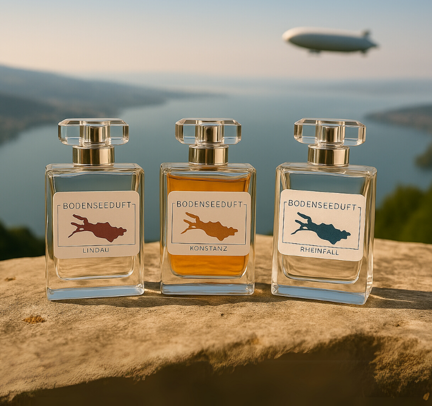 Bodensee-Parfums mit Blick auf den Bodensee und vorbei schwebendem Zeppelin