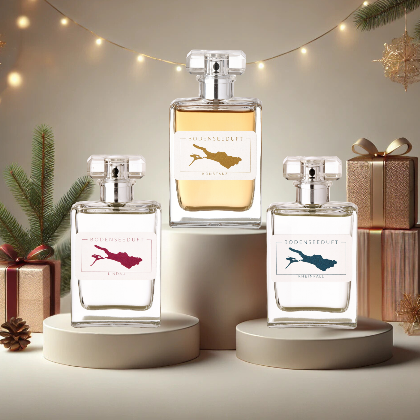 Bodensee-Parfums von Bodenseeduft als Weihnachtsgeschenkidee mit weihnachtlichem Hintergrund