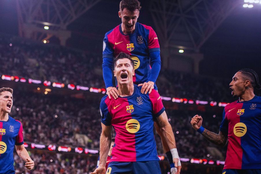 FC Barcelona Lewandowski celebrates his goal against Real Madrid in Spain Supercup Final in Jeda.