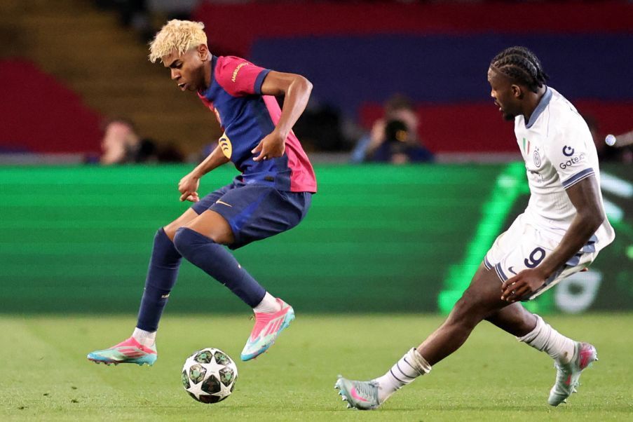 Barcelona_Inter Lamine Yamal super star of FC Barcelona, here against Marcus Thuram of Inter Milan in first leg match of semifinal of Champions League. EPIC