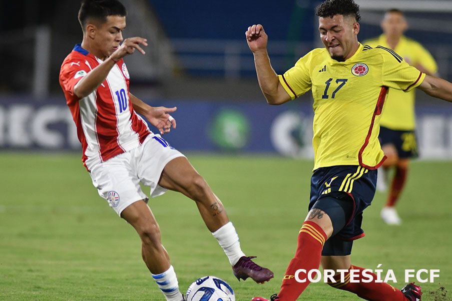 Selección Colombia Lance del Colombia ante Paraguay en el Sudamericano Sub 20 de 2023. Cortesía FCF