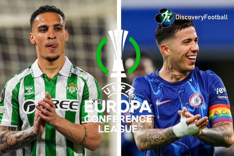 Antony y Enzo Antony and Enzo Fernández player stars of Real Betis and Chelsea FC starrings of UEFA Conference League Final 2025.