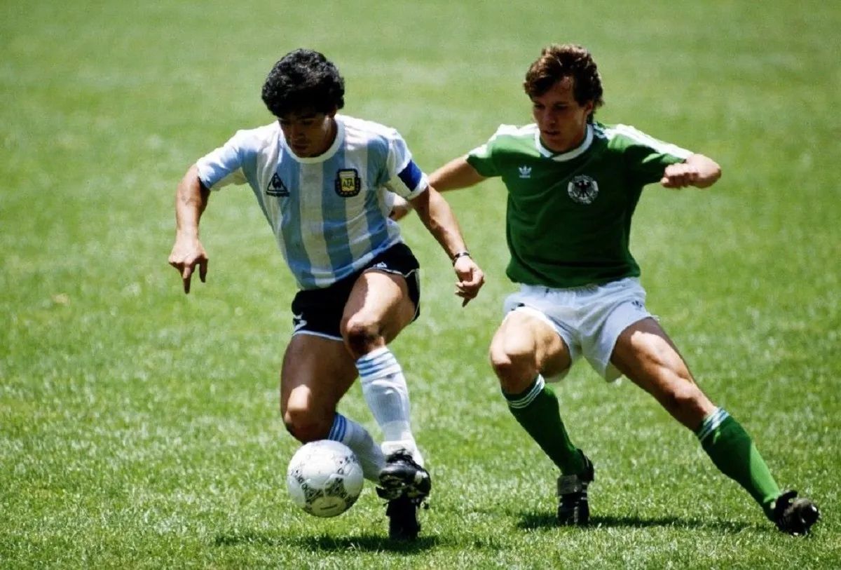 Matthaus Lothar Matthaus with Diego Maradona in the 1986 FIFA World Cup final in Mexico. Argentina defeated Germany 3-2 in an intense full match. EPIC