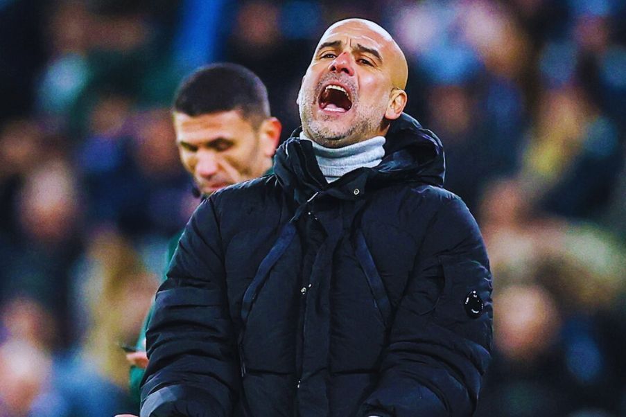 Guardiola Pep Guardiola se lamenta en un momento del partido que el Manchester City igualó con el Feyenoord a tres. EPIC