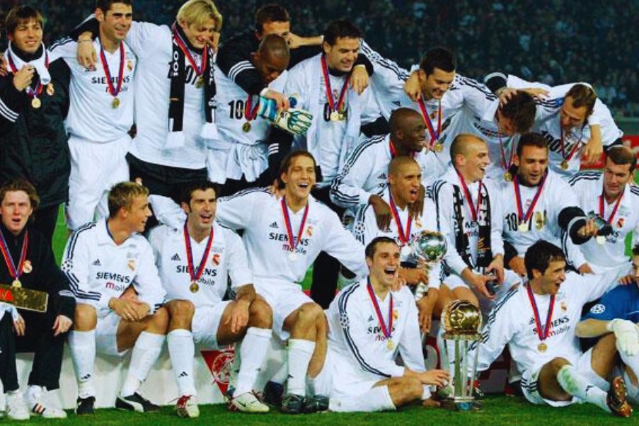 Real Madrid The Real Madrid players celebrate winning the 2002 Intercontinental Club Cup, which they won against Olimpia of Paraguay in Yokohama.