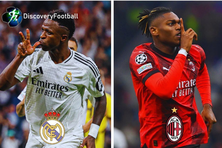 Vinicius and Rafa Leao Vinicius and Rafael Leao, two stars of Real Madrid vs AC Milan game of Champions League in Madrid.