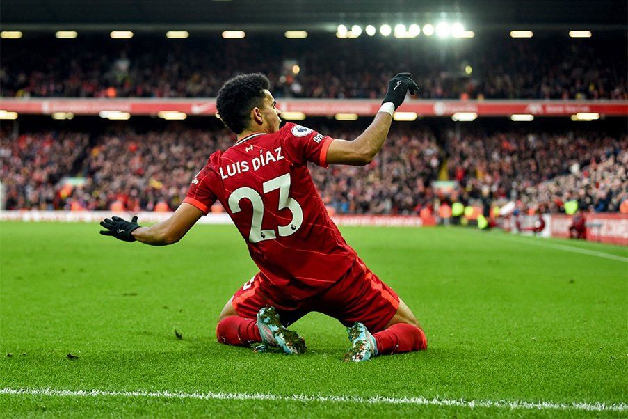 Luis Díaz celebra su primer gol con el Liverpool en la EPL