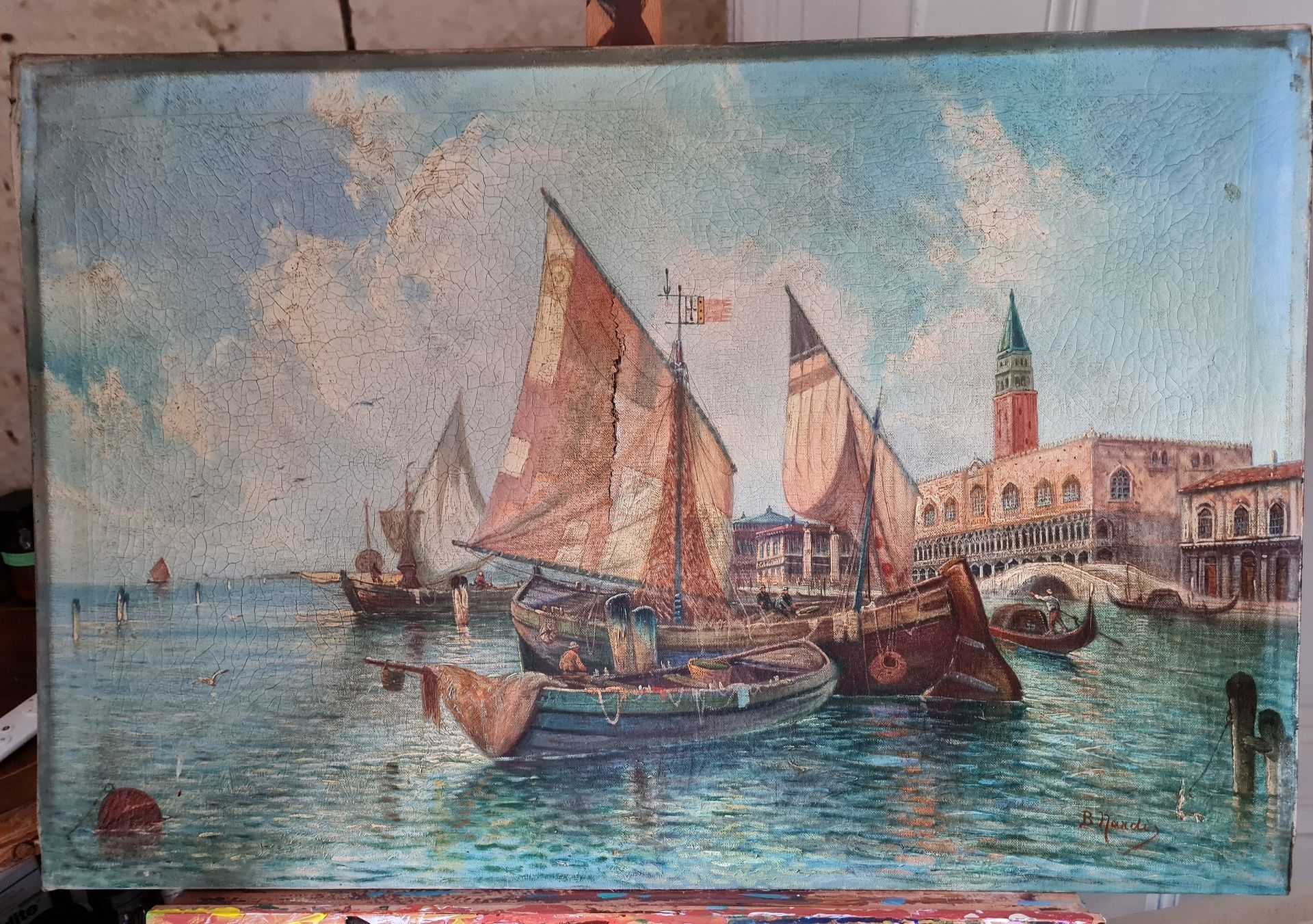 Ölgemälde mit einem langen Riss und mehrere Löcher und Fehlstellen. Stark verschmutz Farben haben keine Leuchtkraft mehr.