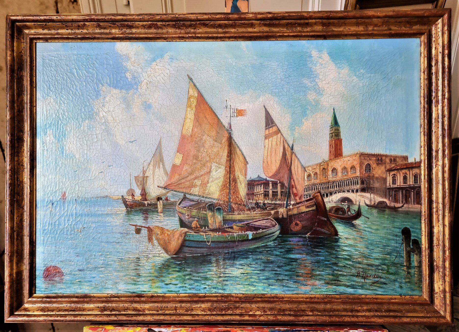 Ölgemälde nach der Restauration, deutlicher Unterschied, Risse und Löcher sind verschwunden, Farben leuchten wieder. Der neue Firnis schützt die Oberfläche, frischt die Farbe auf und ist ein UV- Schutz.