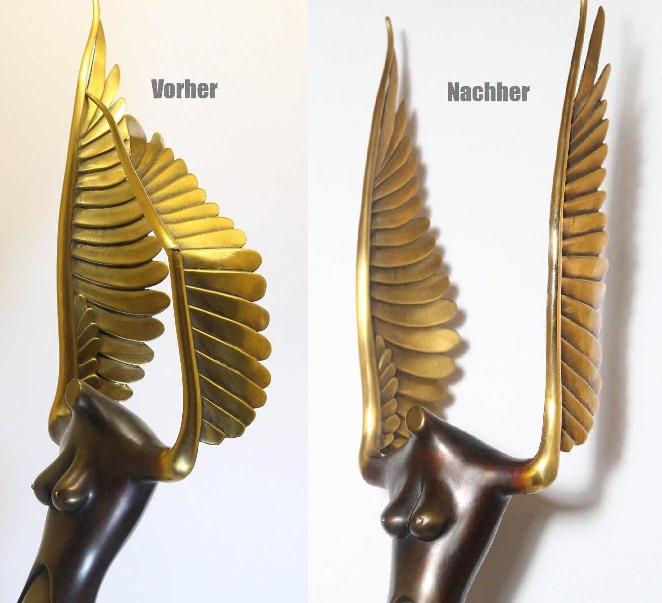 Reparatur einer Skulptur aus Bronze, Bildhauer Paul Wunderlich – Schutzengel, Richten der Verformungen in ursprünglicher Form, Fachmännisches Verschweißen der Bruchstelle, fräsen, feinschleifen und polieren der Nahtstelle. Sehen Sie sich einfach die Bilder an!