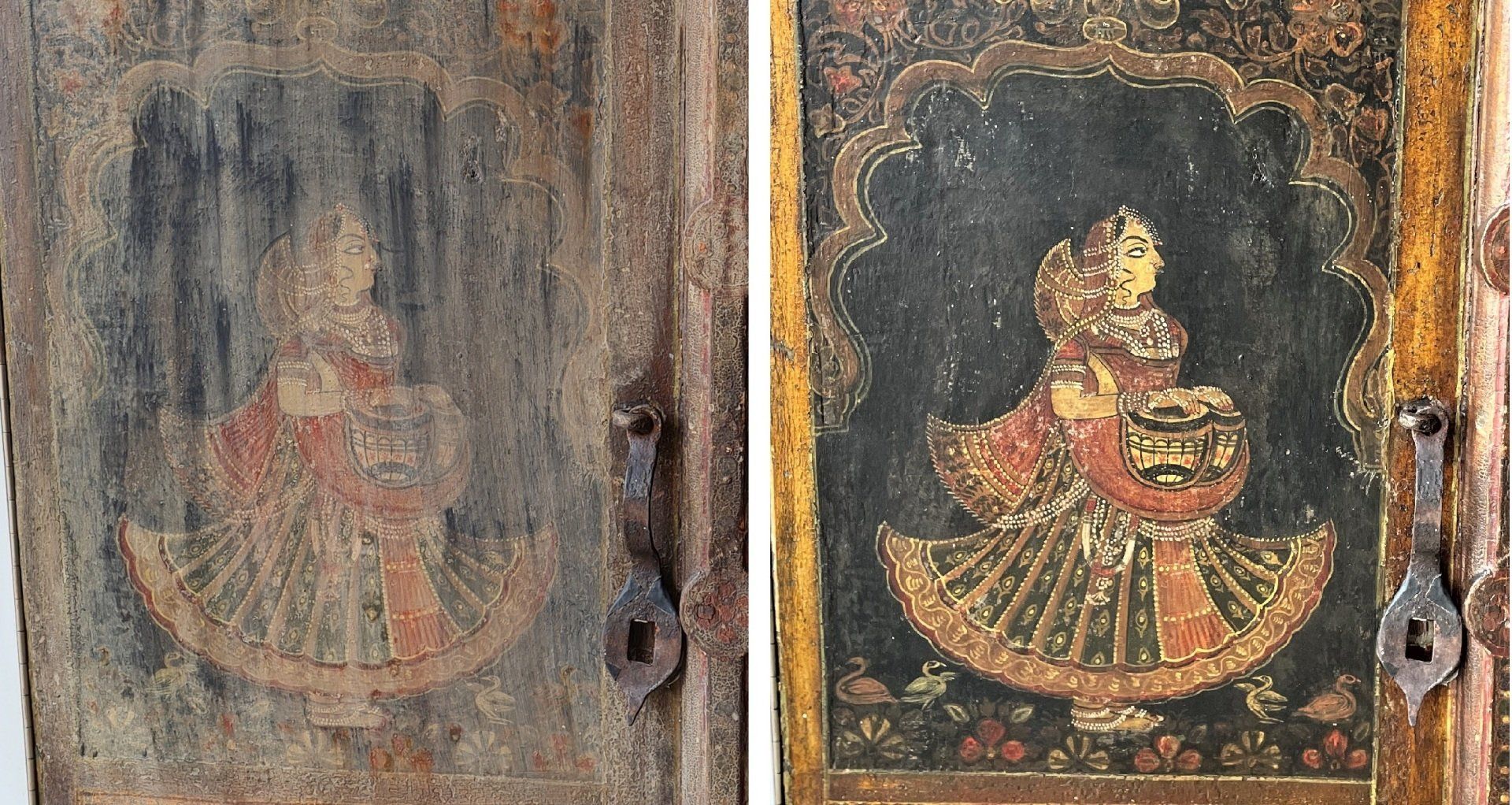 Bemalte Holz Fensterladen nach der Restauration, deutlicher Unterschied, Farben leuchten wieder. Farbschäden wurden beseitigt. Der neue Firnis schützt die Oberfläche, frischt die Farbe auf und ist ein UV- Schutz.