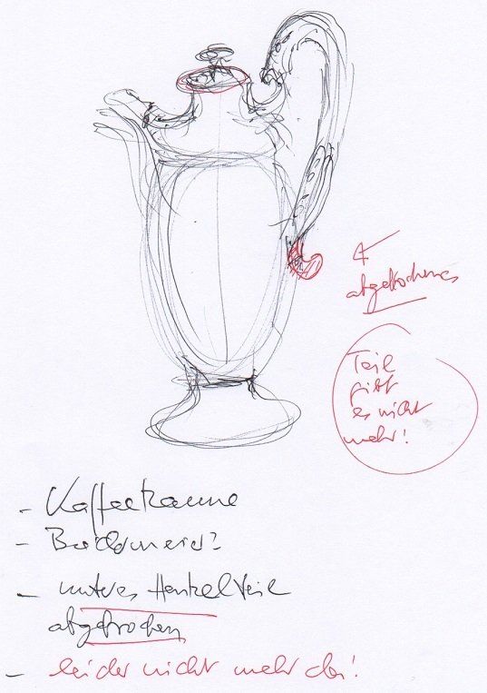 Restauration Vase. Zeichnung Vase. Zeichnung. beschriftete Zeichnung einer Vase