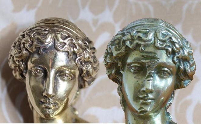 Messingfigur, Gesicht vorher-nachher vergleich Wachsausschmelzverfahren. Messinggus. Kopf der Messingfigur vor und nach Resturation. Beulen, Krater und Einschlagstellen ausgearbeitet. Schweißverfahren.