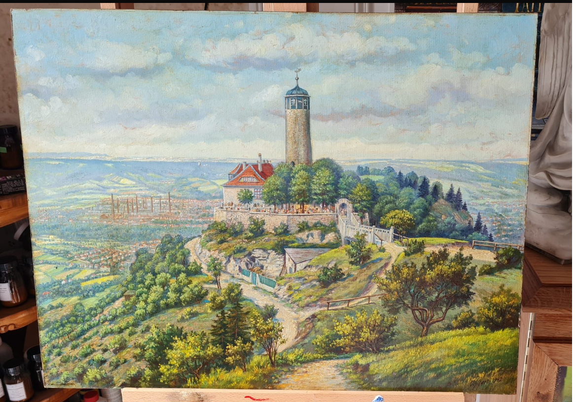 Ölgemälde stark verschmutz. Nach der Reinigung sieht es wieder sehr schön aus. Die Farben leuchten wieder, feine Details sind klar erkennbar.