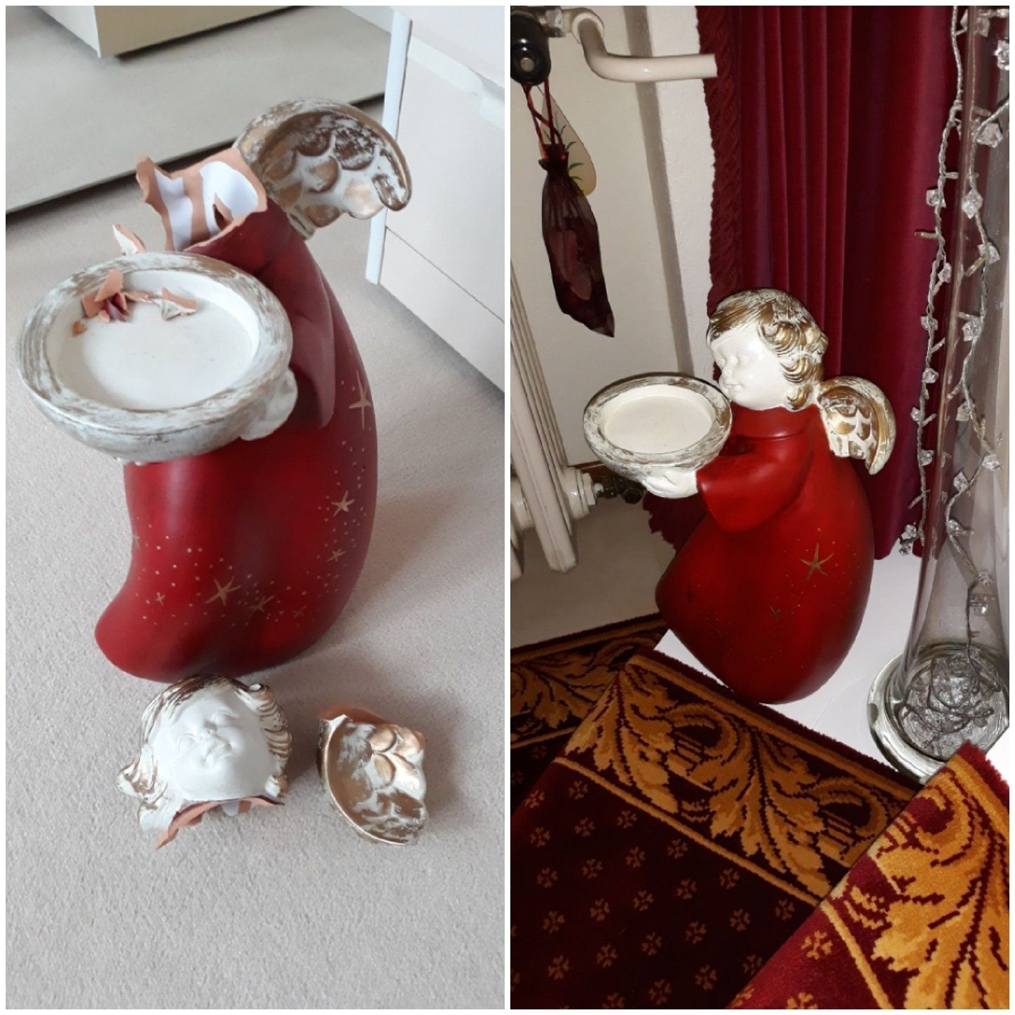 Ton-Figur war in vielen Teilen zerbrochen nach der Restaurierung durch Arios Atelier kaum sichtbare Spuren einer Restauration. Reparatur von Tonfiguren. Detailgenaue Wiederherstellung von fehlenden Stellen und Kratzern. Original getreue Glasuren. Reparatur von Tonfiguren. Keine Schäden mehr an der Ton Figur erkennbar.