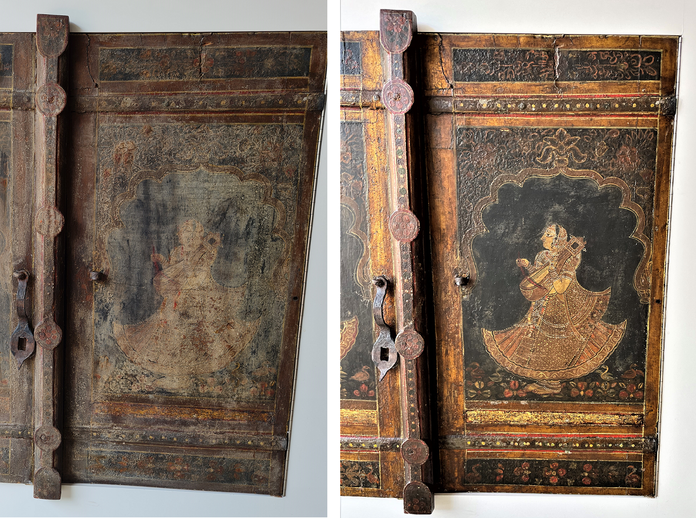 Bemalte Holz Fensterladen nach der Restauration, deutlicher Unterschied, Farben leuchten wieder. Farbschäden wurden beseitigt. Der neue Firnis schützt die Oberfläche, frischt die Farbe auf und ist ein UV- Schutz.