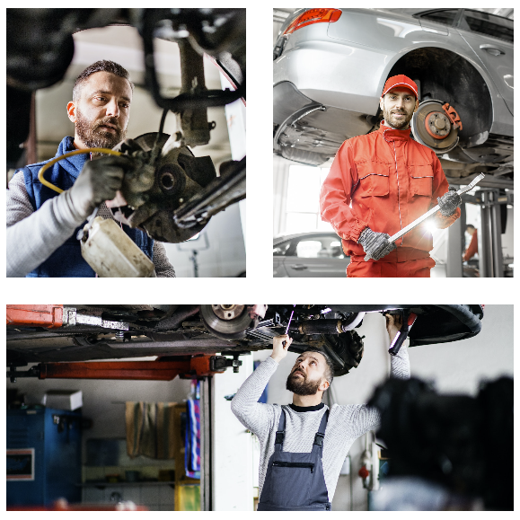 Ein starkes Werkstatt-Team KfZ-Mechaniker, die vor Pkws posieren oder gerade dabei sind, Reparaturen durchzuführen.