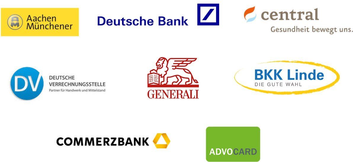 Logos unserer wichtigsten Produktpartner, führende Unternehmen der Versicherungsbranche, Finanzdienstleistungsbranche, Bank, Versicherung, AachenMünchener Versicherung, Advocard Rechtsschutzversicherung, Generali, Deutsche Bank, Central Krankenversicherung, Deutsche Verrechnungsstelle, Commerzbank, Advocard Rechtsschutzversicherung, BKK Linde