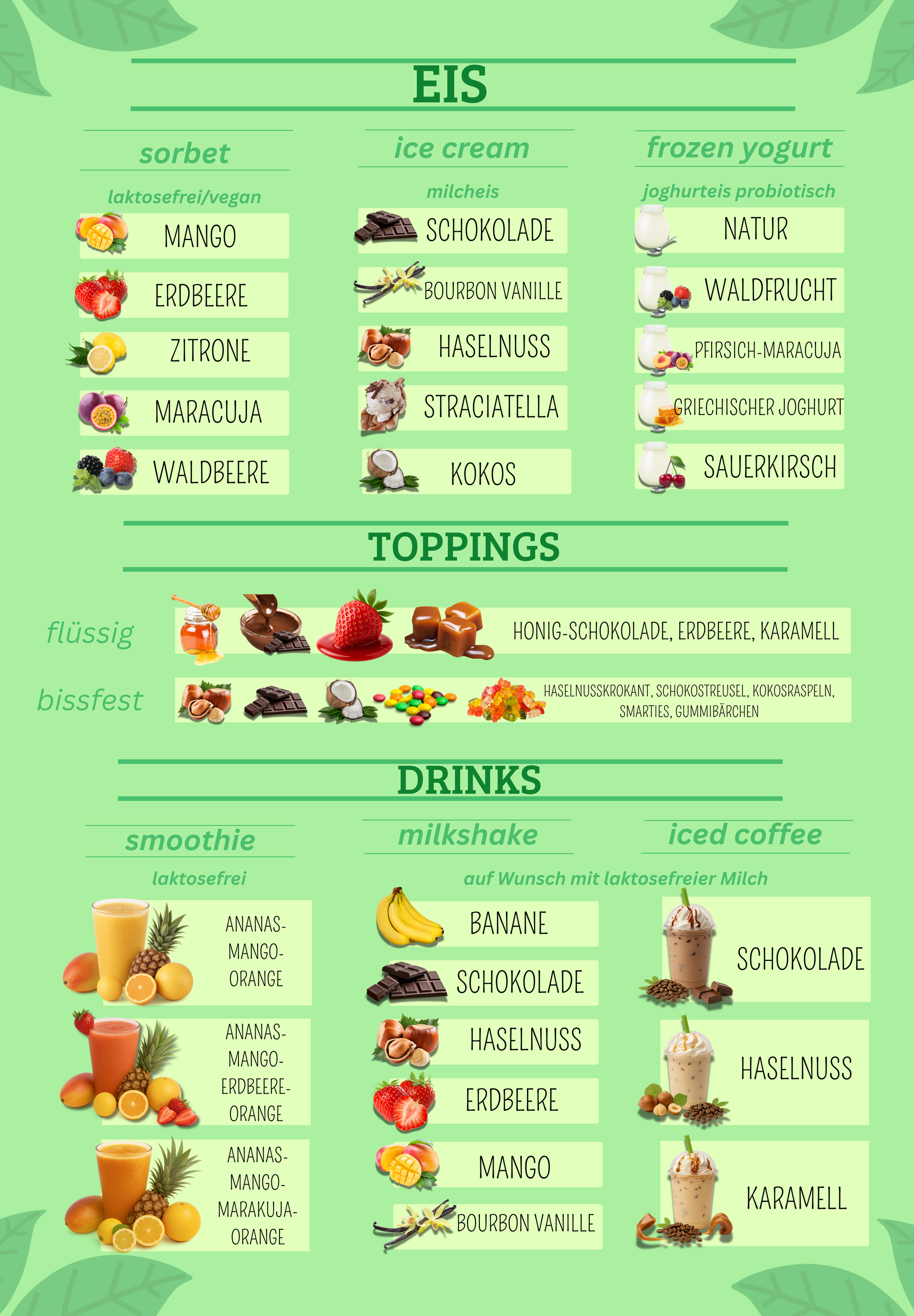 Glutenfreie Eissorten & Bio-Toppings vom Green Fruits Eiswagen – Frankfurt, Mainz & Rhein-Main. Smoothies, Milkshakes & Iced Coffee – laktosefrei & frisch