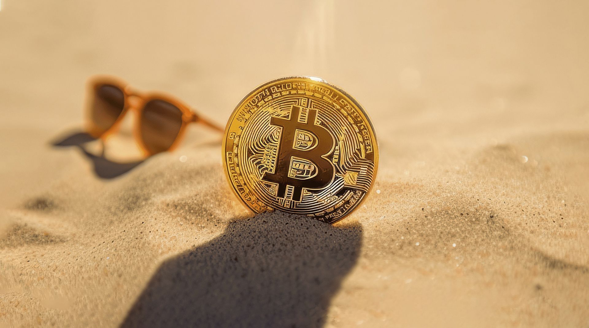 Bitcoin cryptocurrency in sun and sand