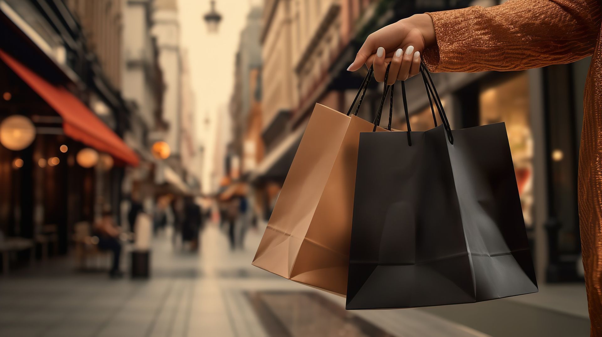 hand with lux shopping bags in city