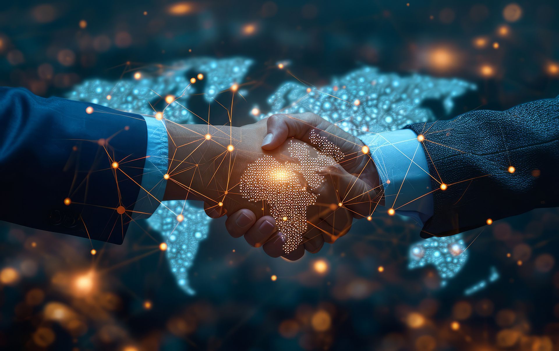 handsake and global word map for trade deal and currency tranactions