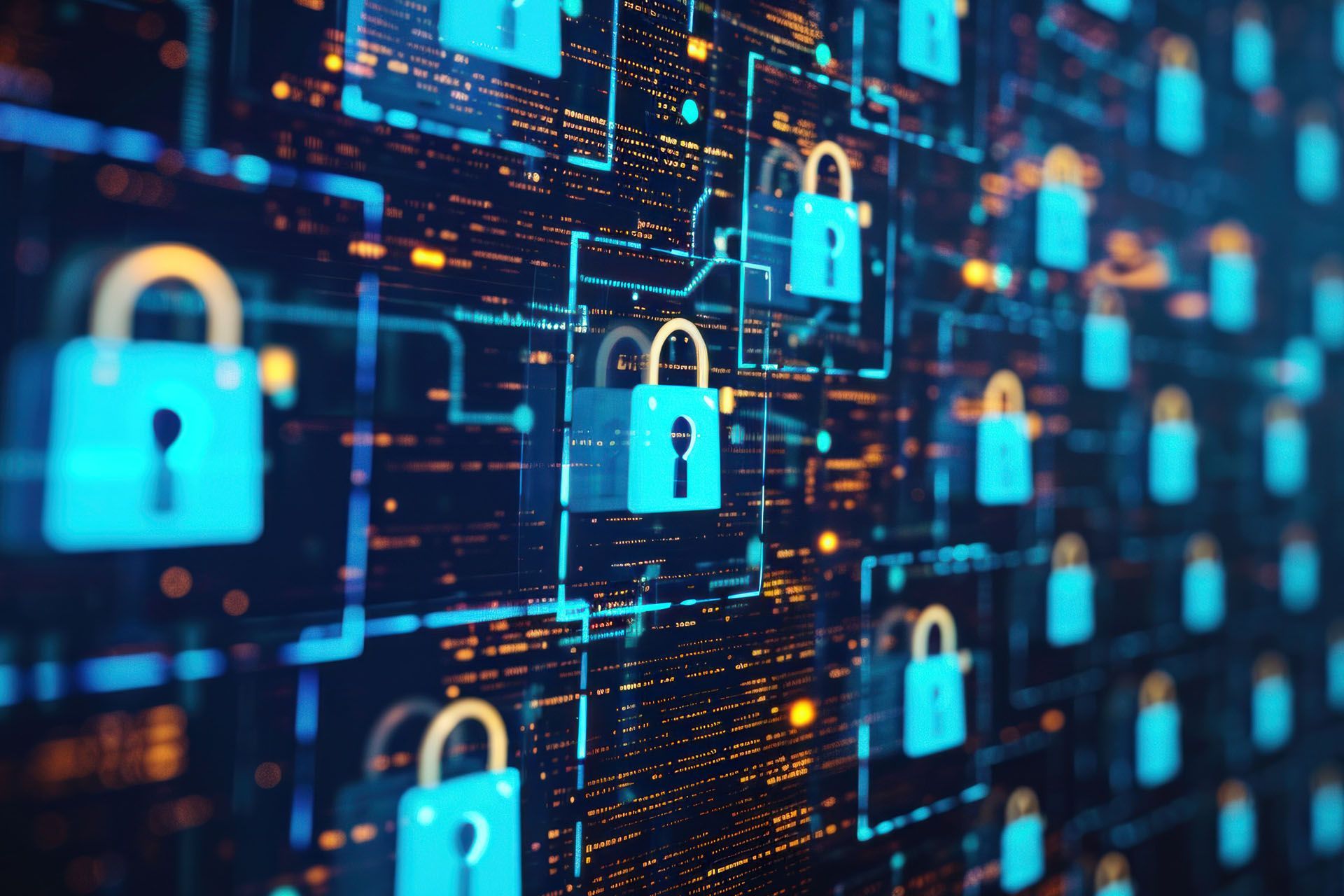 Row of padlocks safegarding money and data transfers