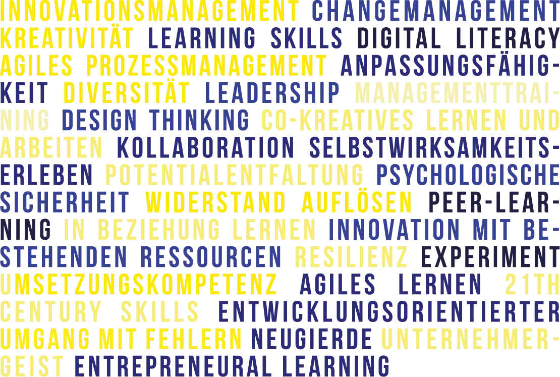Collage aus Keywords zu Leadership, Innovation und lebenslangem Lernen – MIMETA Innovation