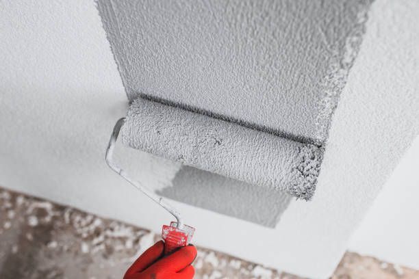 A person painting an exterior wall with a paint roller, focused on applying a fresh coat of paint.