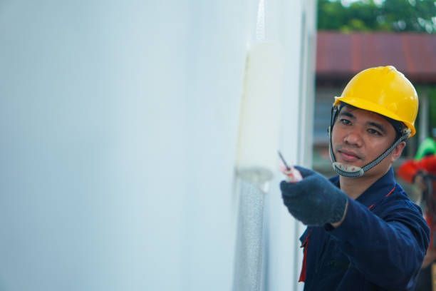 A man on a ladder painting a house's exterior, representing the services of exterior painting contractors.