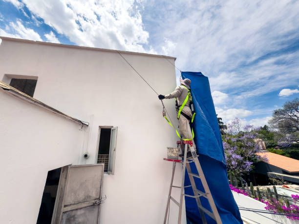 A man using a ladder to paint the exterior of a house, showcasing the work of exterior painting contractors.
