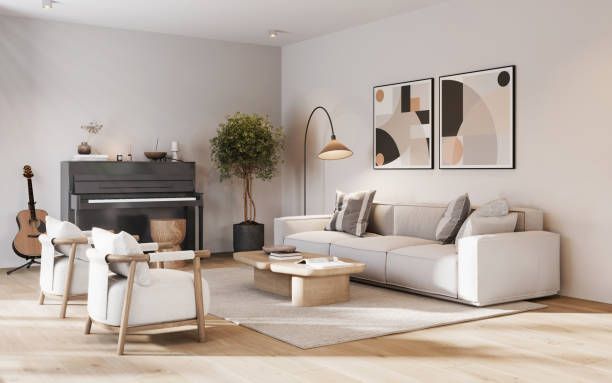A cozy living room featuring a piano, a couch, and a colorful painting on the wall, showcasing int