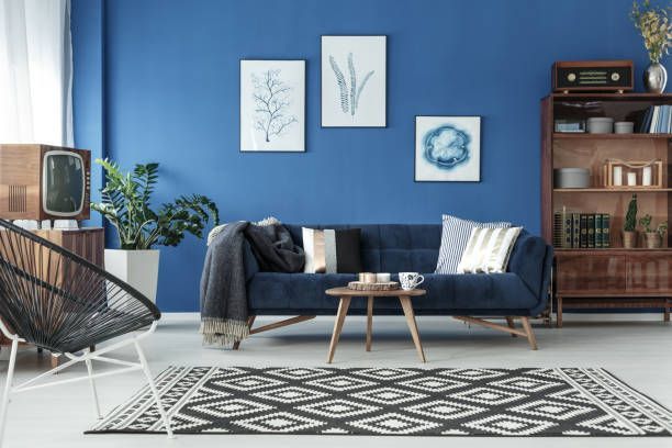 A blue living room featuring a couch, a chair, and a rug, showcasing a cozy and inviting interior design.