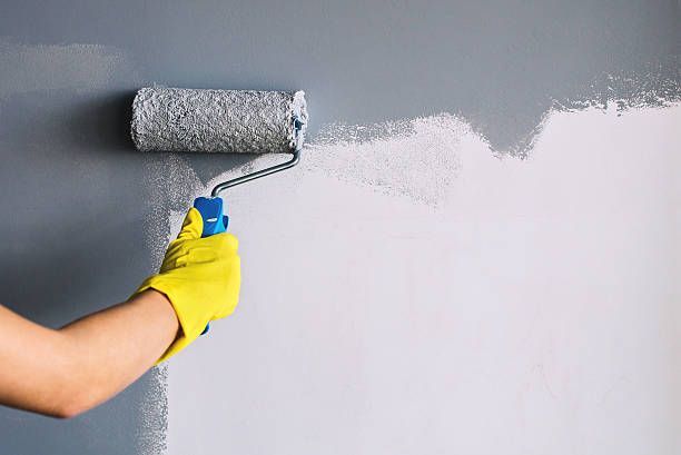 A person applying exterior paint inside with a roller, demonstrating a home improvement project in progress.