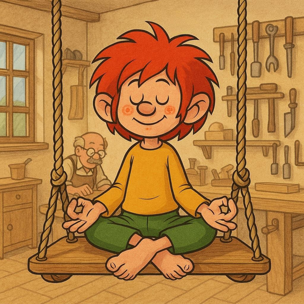Meditierender Pumuckl auf Schaukel bei Coaching Köln, Kirsten Pape
