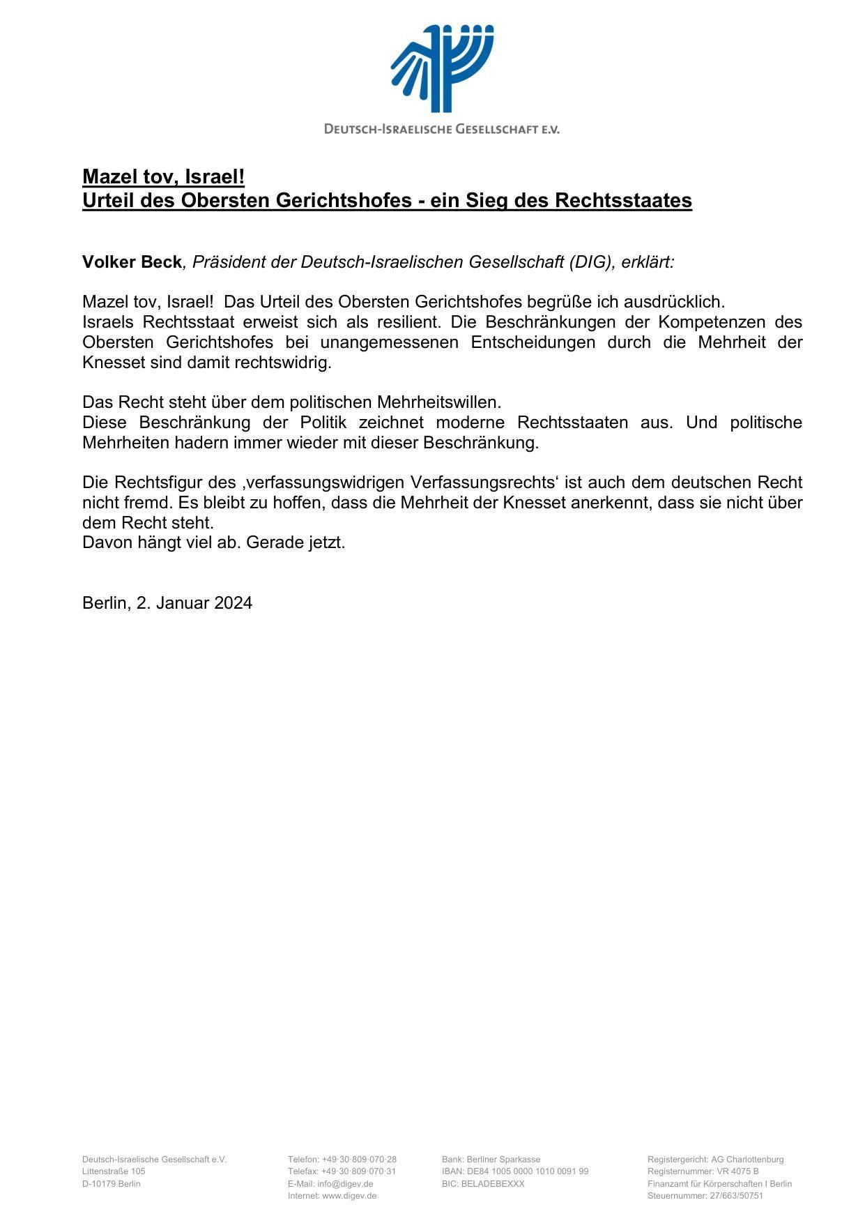 Pressemitteilung von Volker Beck, Präsident der DIG Deutschland, zum Urteil des Obersten Gerichtshofes - ein Sieg des Rechtsstaates. Zum Downloaden auf den Brief klicken!