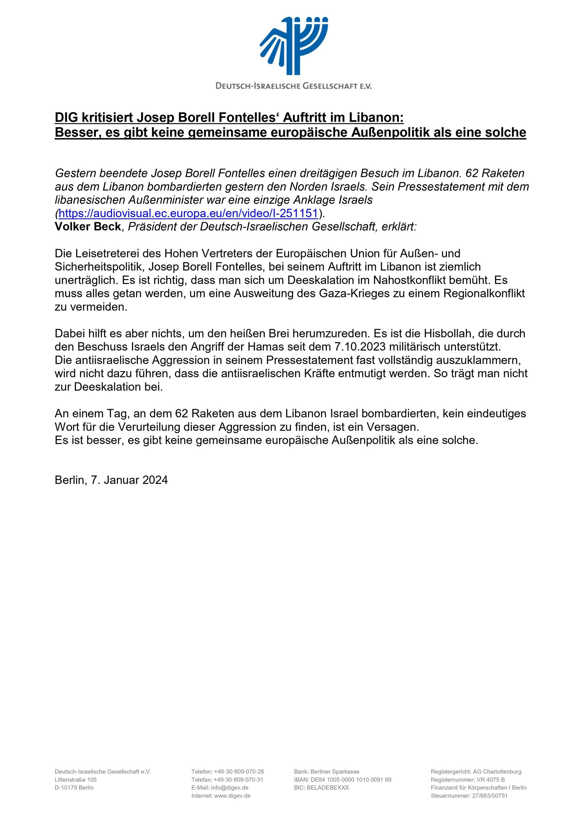 Pressemitteilung der DIG Deutschland zu Josep Borell Fontelles‘ Auftritt im Libanon vom 07. Januar 2024  Zum Downloaden auf den Brief klicken!
