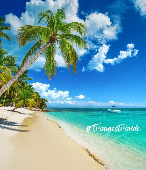 Saona Exklusiv Palmenstrand mit türkisblauem Wasser und einem Boot