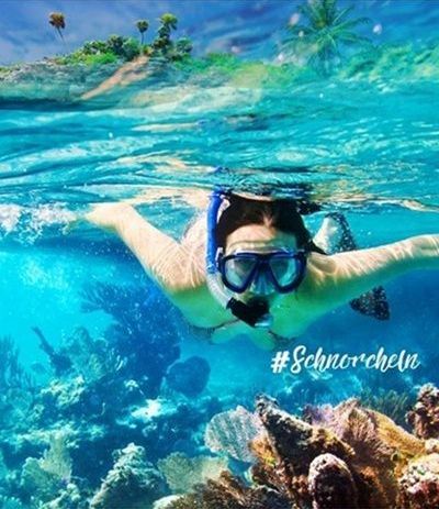 Isla Catalina Tour Eine Frau unter Wasser beim Schnorcheln über einem Riff